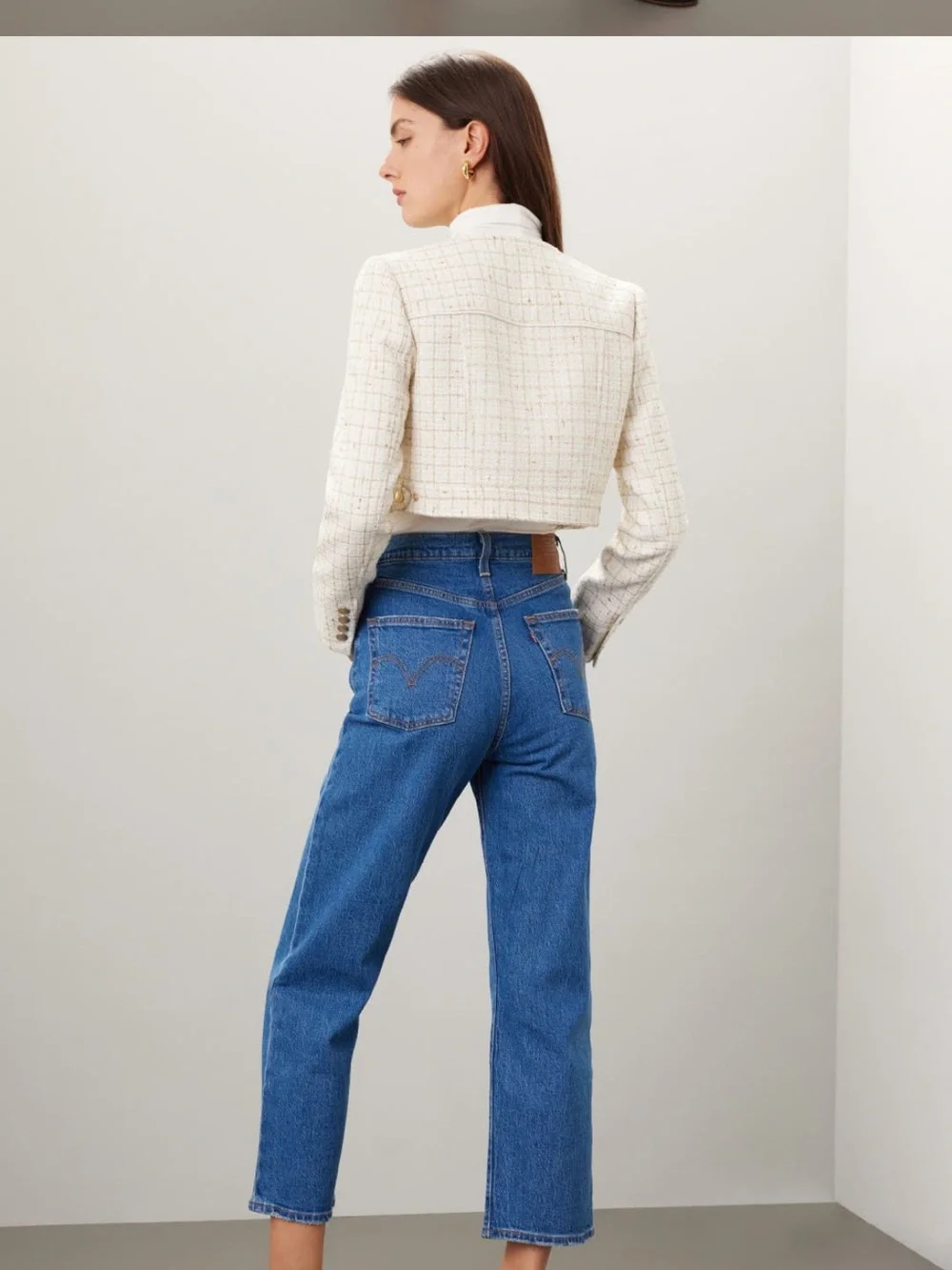 Cropped Cream Tweed Jacket with Gold Buttons
